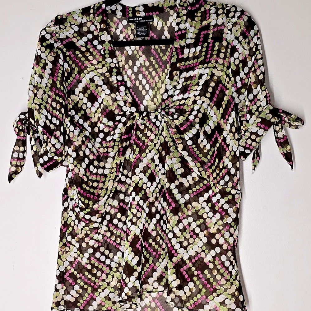 Vintage Y2K‎ Sheer Polka Dot Babydoll Bow Top Brown Mackie & Co Womens 16